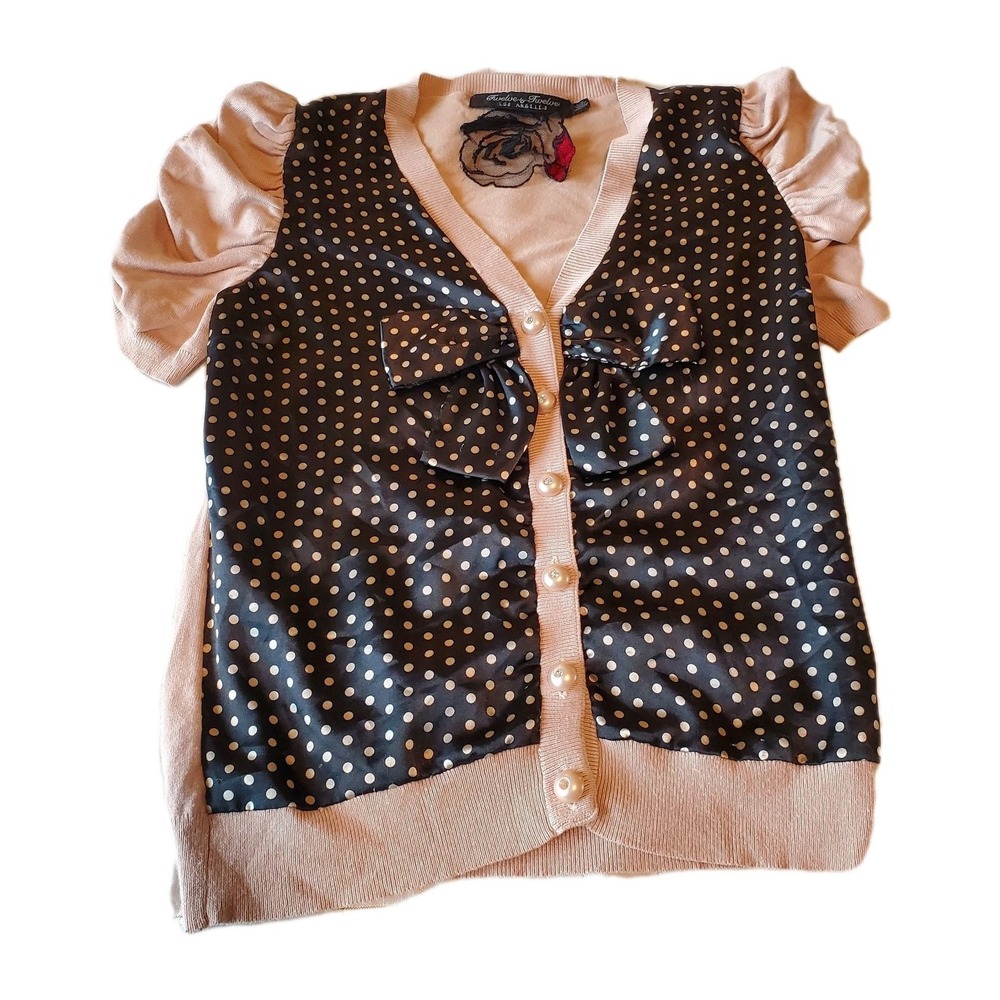 Twelve by Twelve LA Short-Sleeve Knit & Satin Top Pink & Black Sz L Polka-dot